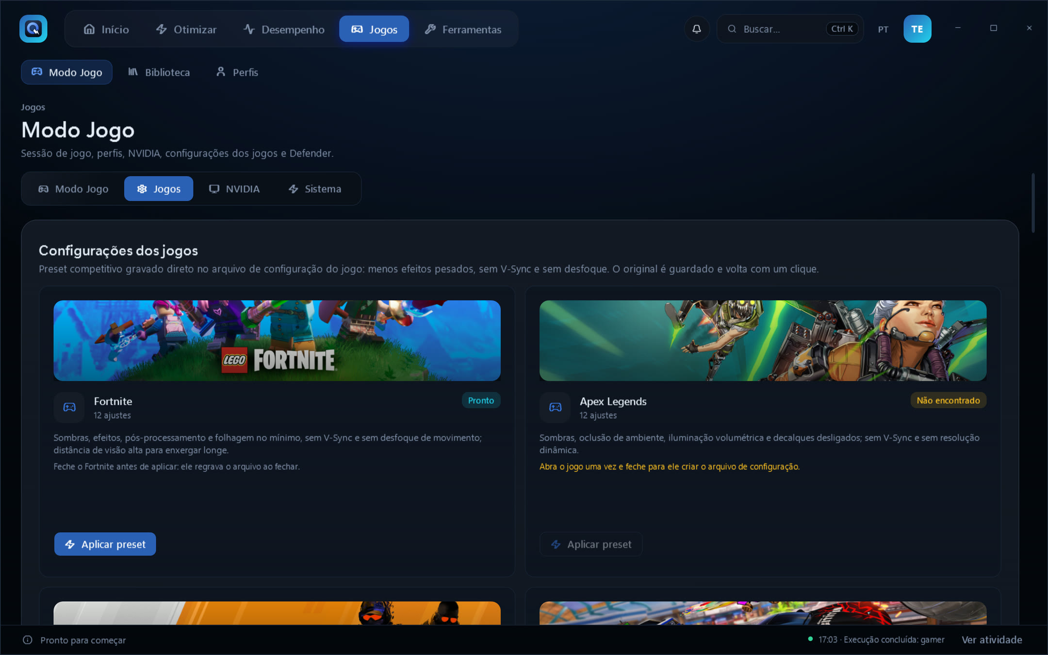 Presets competitivos para Fortnite, Apex Legends, Counter-Strike 2 e Rocket League