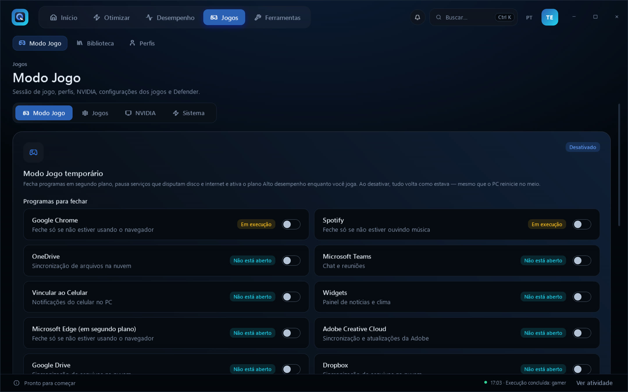 Página Modo Jogo do Qrztweaks com programas para fechar e serviços para pausar