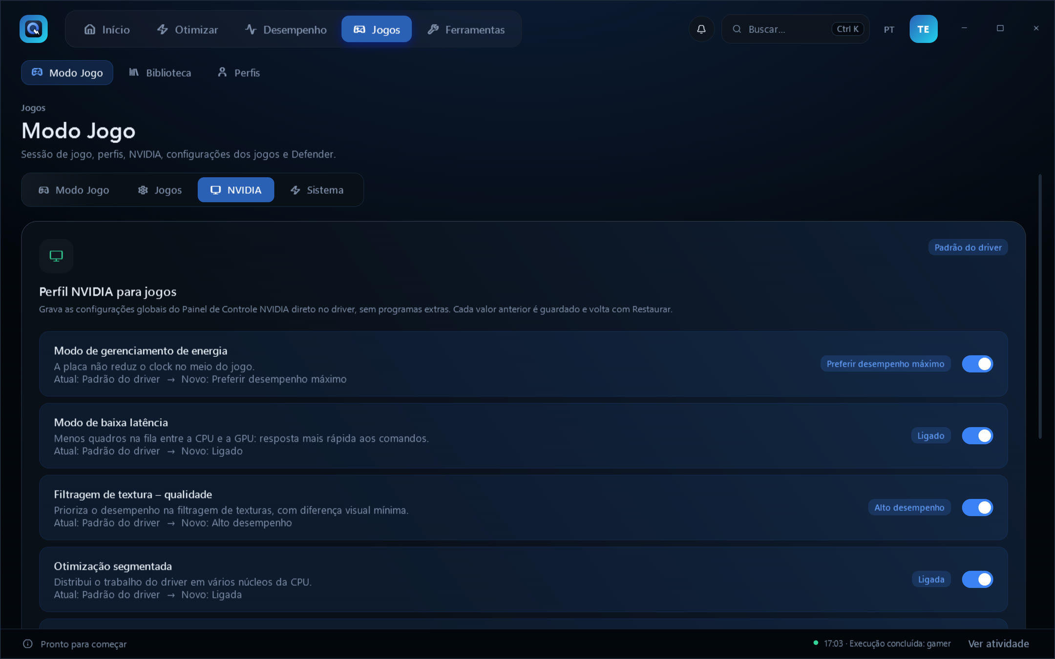 Perfil NVIDIA para jogos com baixa latência e desempenho máximo