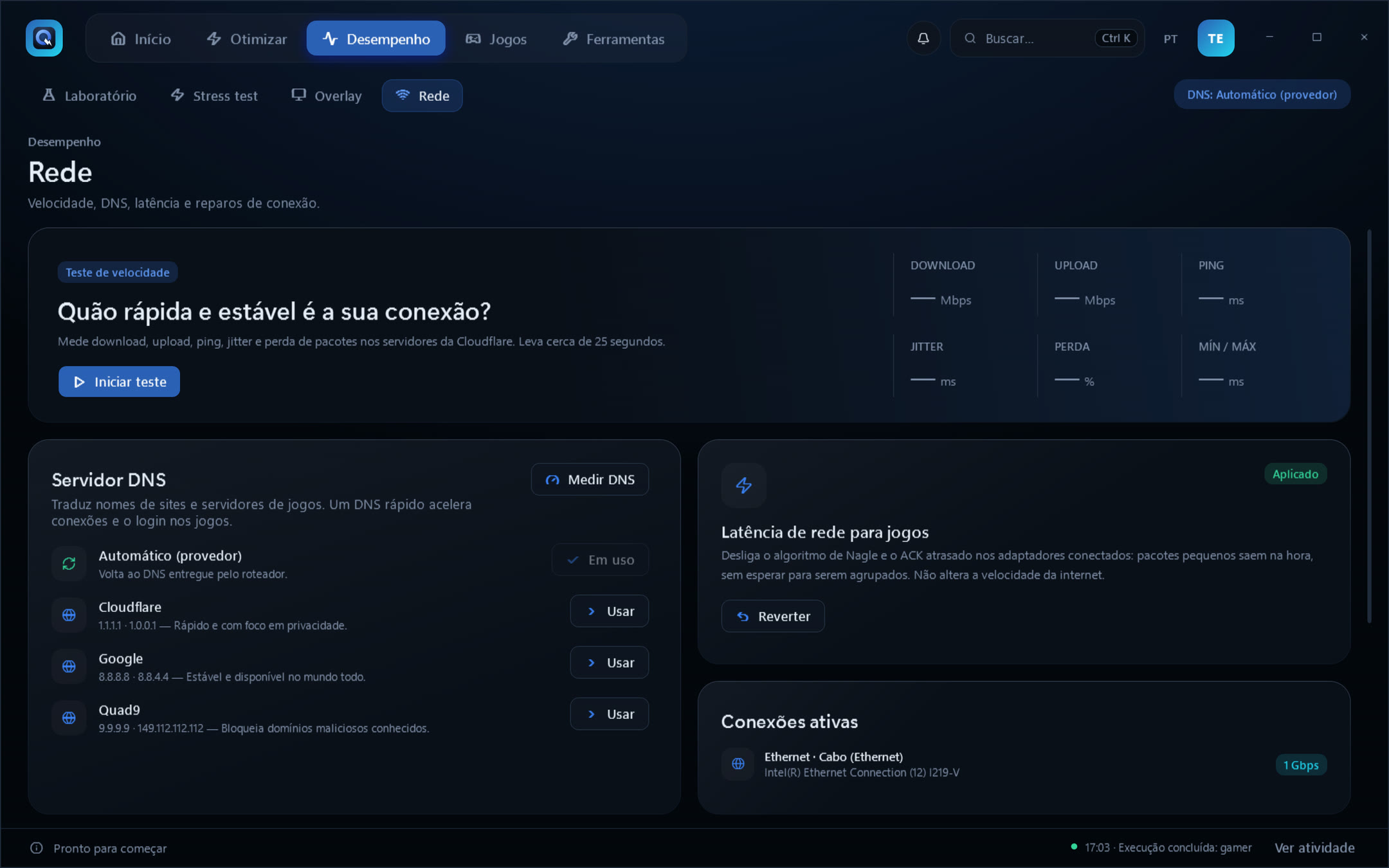 Página Rede com teste de velocidade, DNS e ajustes de latência